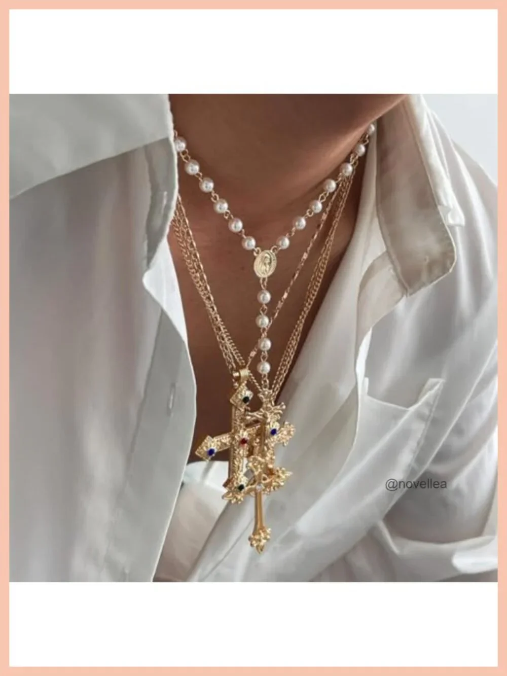 4 Pc Dainty Crystal Cross Pendant Necklace Set, Layered Chain, Hypoallergenic